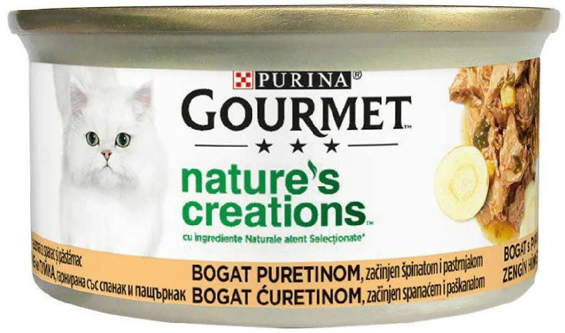 GOURMET Nature's Creations Conservă pentru pisici, Curcan, Spanac, Păstârnac 85g