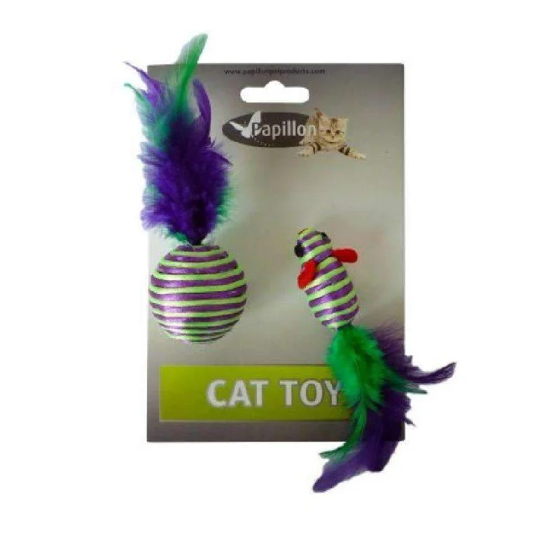 Papillon Cat toy mouse and ball with feather on card