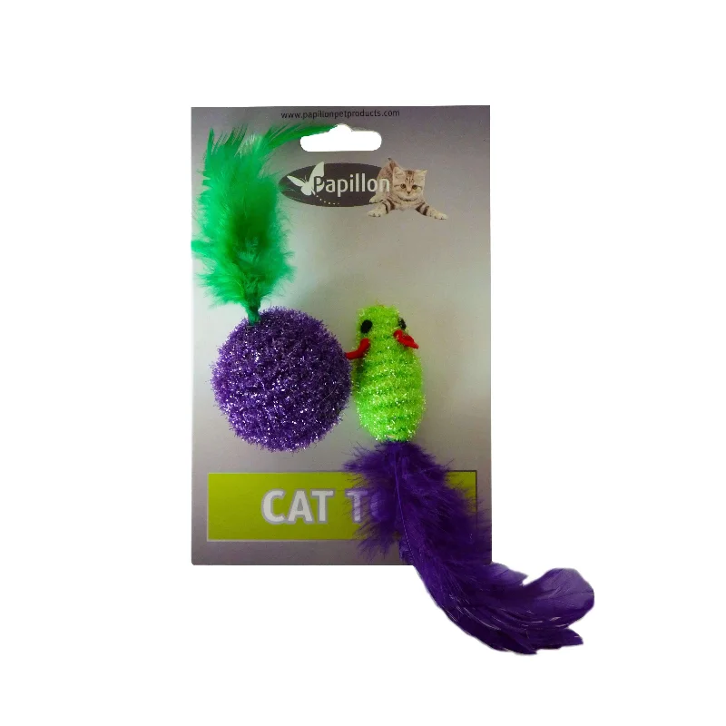 Papillon Cat Toy mouse and ball with feather on card