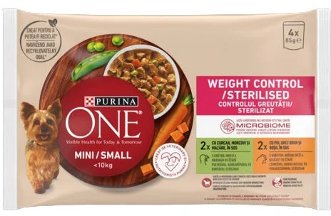 PURINA ONE Mini Hrană umedă pentru câini, controlul greutatii,Curcan  4x85g