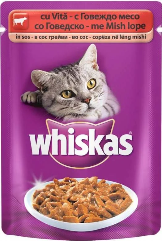 WHISKAS Plic hrană umedă pentru pisici adulte Vită în Sos 100g